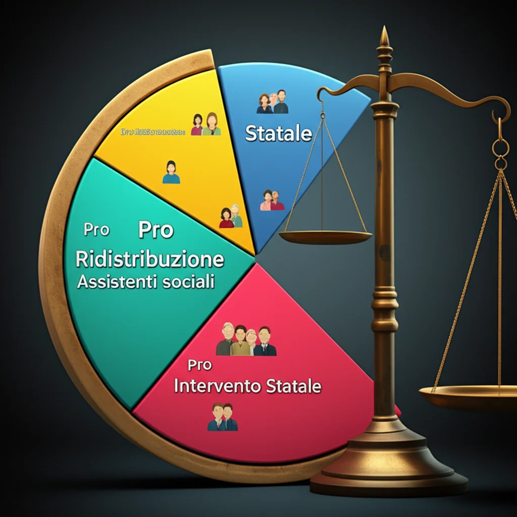 Un grafico a torta stilizzato che mostra una grande fetta colorata con la scritta 'Pro Ridistribuzione' attribuita agli assistenti sociali, e fette più piccole per altri gruppi professionali. Accanto, una bilancia con più peso sul piatto 'Intervento Statale'. Obiettivo macro 100mm, high detail sul grafico, illuminazione da studio controllata per far risaltare i colori e le scritte. Stile infografica fotorealistica.