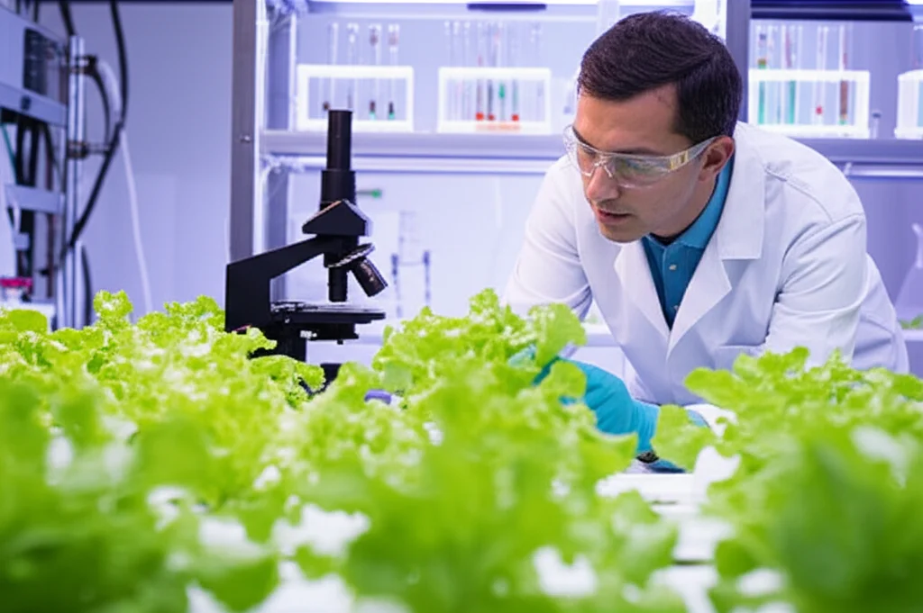 Un tecnico di laboratorio in camice bianco che esamina attentamente piantine di lattuga in un sistema idroponico, con strumentazione scientifica sullo sfondo, prime lens 35mm, depth of field, illuminazione controllata.
