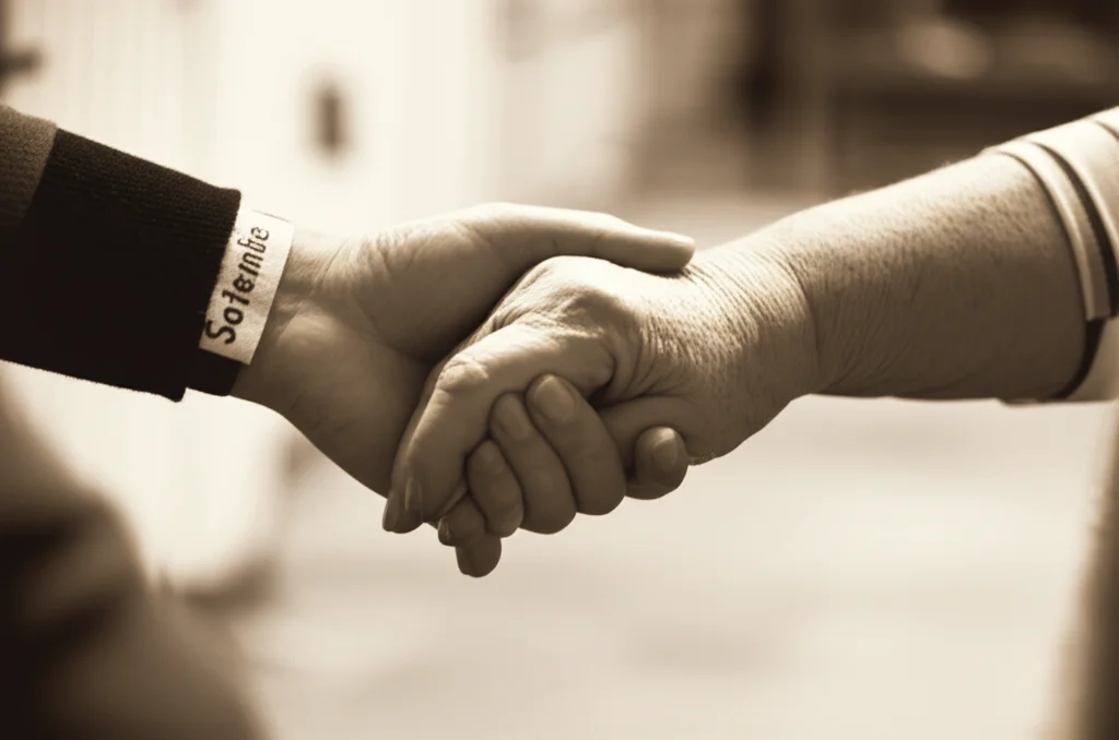 Primo piano di due mani che si stringono: una rappresenta un assistente sociale (magari con un piccolo badge discreto), l'altra una persona della comunità. Lo sfondo è un ambiente comunitario caldo e accogliente, leggermente sfocato. Obiettivo prime 50mm, profondità di campo, luce naturale e calda. Stile fotorealistico, bianco e nero con un leggero duotone seppia per un tocco umano.