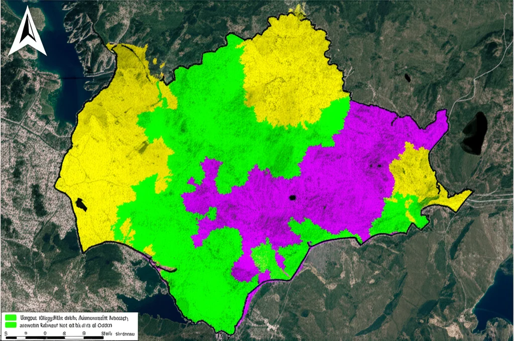 Mappa dettagliata della Comunità Valenciana che mostra la distribuzione geografica dei cluster di incendi boschivi tra il 2016 e il 2020, evidenziando le aree con diverse coperture del suolo come foreste (verde), aree agricole (giallo) e zone urbane (viola). Fotografia aerea, obiettivo grandangolare 24mm, messa a fuoco nitida, luce diurna naturale.