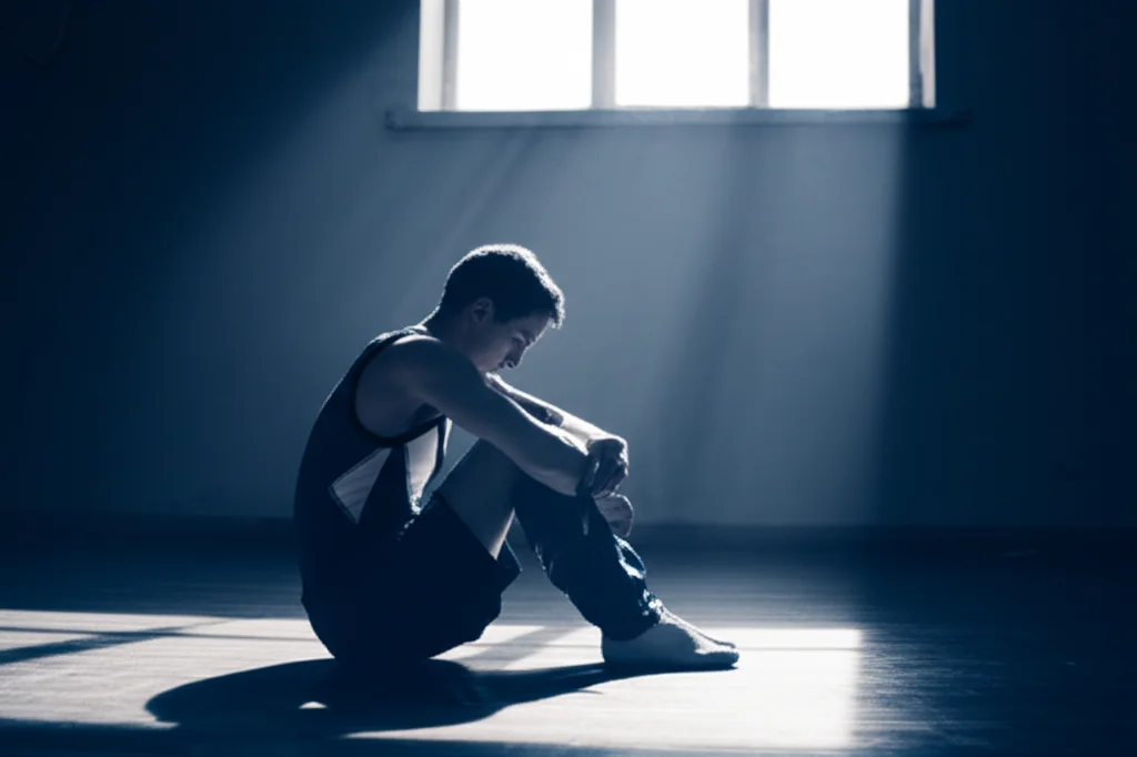 Un giovane atleta adolescente, forse un ginnasta, seduto da solo sul pavimento di una palestra vuota, testa bassa, illuminato da un singolo fascio di luce proveniente da una finestra alta. L'ambiente è in penombra, accentuando il senso di isolamento e pressione. Obiettivo prime da 35mm, stile film noir con forti contrasti, duotone blu e grigio per enfatizzare la freddezza emotiva.