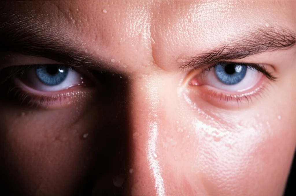 Dettaglio macro di gocce di sudore sulla fronte tesa di un giovane atleta durante una competizione intensa. L'espressione è concentrata ma tradisce una forte pressione emotiva. Lente macro da 100mm, alta definizione, illuminazione controllata per esaltare la texture della pelle e la tensione muscolare.