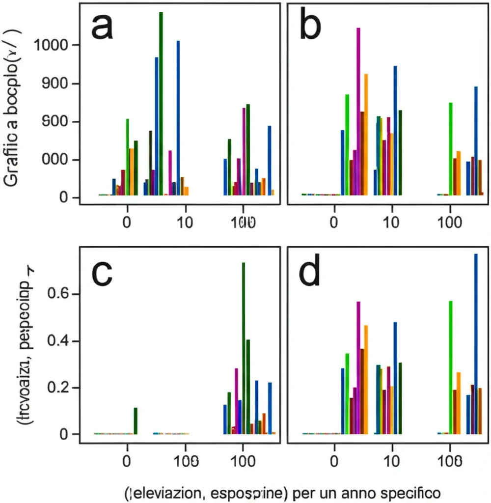 Grafico a boxplot che illustra le caratteristiche dei cluster di incendi (elevazione, pendenza, esposizione) per un anno specifico, ad esempio il 2018. Visualizzazione dati scientifica, colori chiari e distinti per ogni cluster, alta leggibilità.