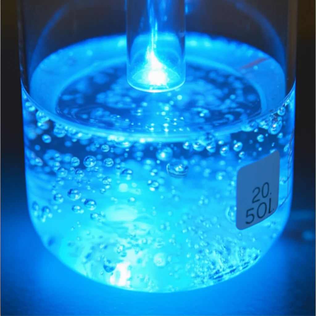 Un beaker di vetro in un laboratorio scientifico contenente frammenti di plastica colorata (PET, PE, PP) illuminati da un fascio di luce visibile bluastra proveniente da un LED, con piccole bolle che si formano sulla superficie della plastica, indicando la reazione di degradazione. Obiettivo macro 100mm, alta definizione, illuminazione controllata per evidenziare i dettagli della reazione, sfondo leggermente sfocato per concentrarsi sul beaker.