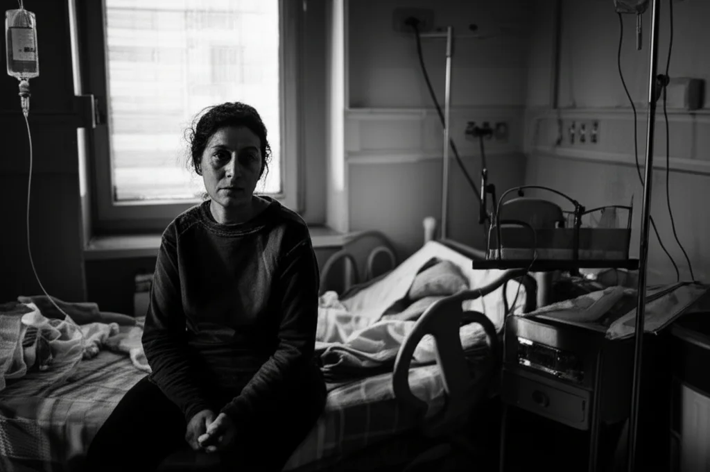 Un ritratto fotografico di una donna di mezza età, espressione stanca ma resiliente, seduta in una stanza d'ospedale scarsamente illuminata accanto a un letto con attrezzature mediche. Obiettivo 35mm, bianco e nero, profondità di campo, luce soffusa che entra da una finestra.