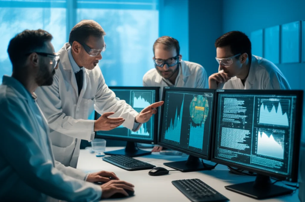 Un team di ricercatori in un laboratorio moderno discute davanti a schermi che mostrano complesse analisi di dati genetici e statistiche. Obiettivo zoom 35mm, luce da laboratorio brillante, per rappresentare la collaborazione scientifica e l'interpretazione dei risultati.