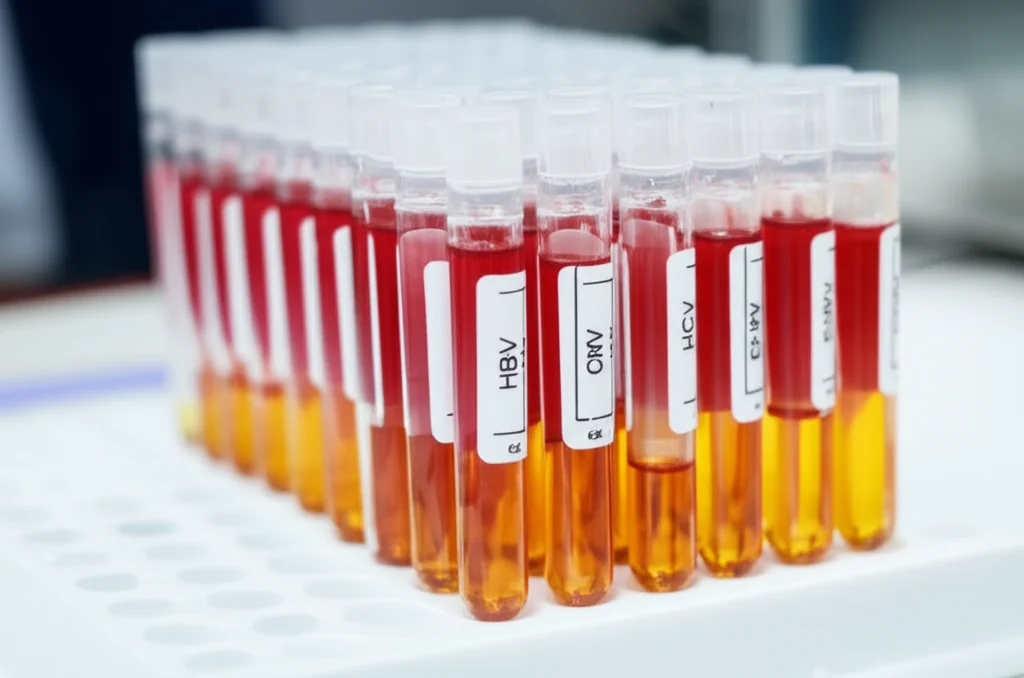 Lenti macro, 80 mm, alto dettaglio di fiale di sangue per test sierologici (HBV, HCV, CMV) su un banco di laboratorio, illuminazione controllata, messa a fuoco precisa, che rappresenta il processo di screening.