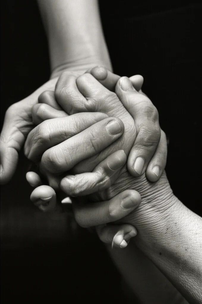 Una fotografia macro di mani intrecciate, una più giovane e una più anziana e stanca, che si tengono strette. Obiettivo macro 90mm, alta definizione, illuminazione controllata e soffusa, con un leggero effetto duotone seppia e grigio.