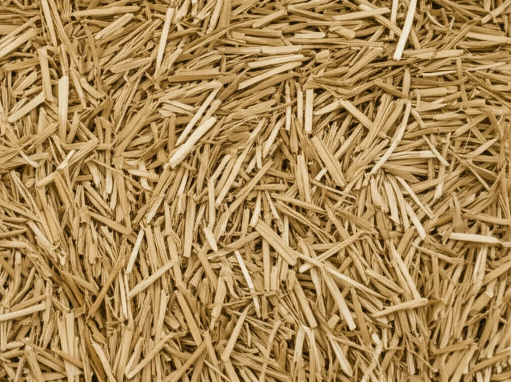 Macro fotografia di paglia di grano secca e tritata finemente, pronta per la trasformazione in biochar, 60mm macro lens, high detail, precise focusing, con luce controllata che ne evidenzia la texture fibrosa.