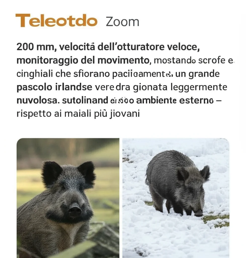Teleotdo Zoom, 200 mm, velocità dell'otturatore veloce, monitoraggio del movimento, mostrando scrofe e cinghiali che sfiorano pacificamente in un grande pascolo irlandese verde durante una giornata leggermente nuvolosa, sottolineando il loro ambiente esterno e la differenza di età rispetto ai maiali più giovani.
