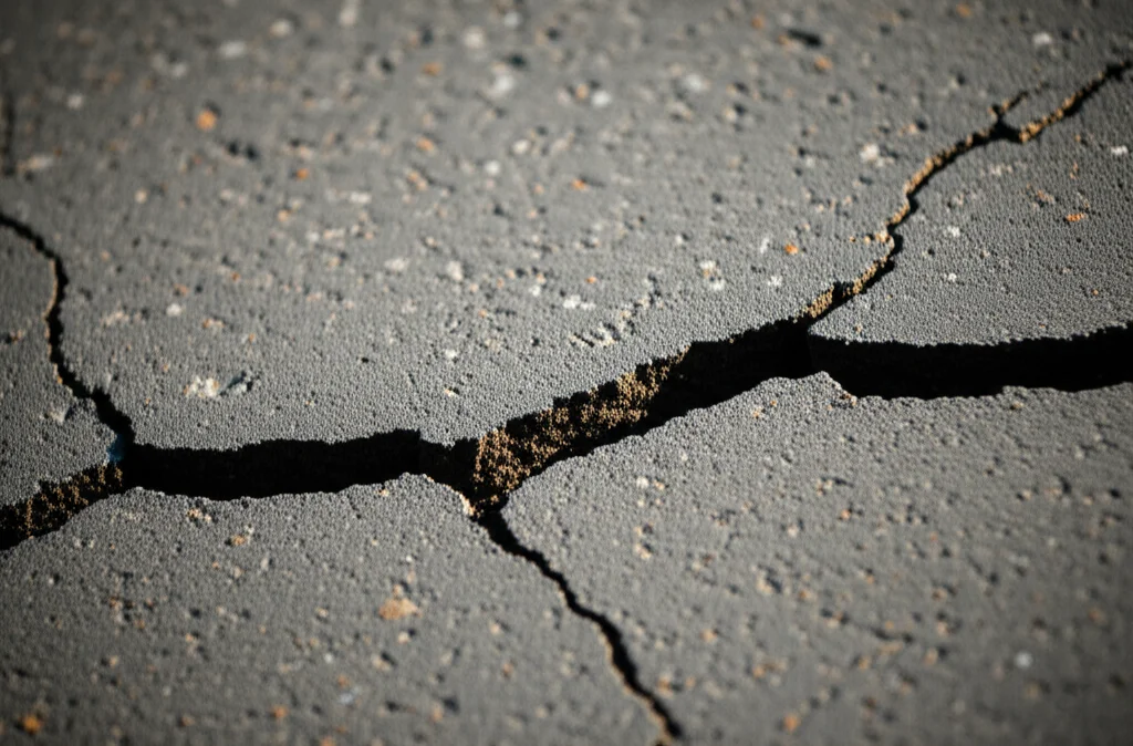 Fotografia macro di una crepa profonda sull'asfalto di una strada urbana, illuminazione controllata per evidenziare la texture e i dettagli del deterioramento. Obiettivo macro 100mm, alta definizione, messa a fuoco precisa.