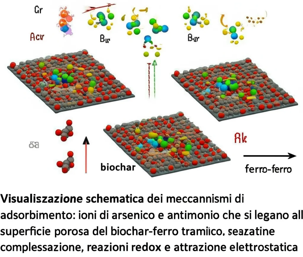 Visualizzazione schematica dei meccanismi di adsorbimento: ioni di arsenico e antimonio che si legano alla superficie porosa del biochar-ferro tramite complessazione, reazioni redox e attrazione elettrostatica. Macro lens, 100mm, high detail, controlled lighting.