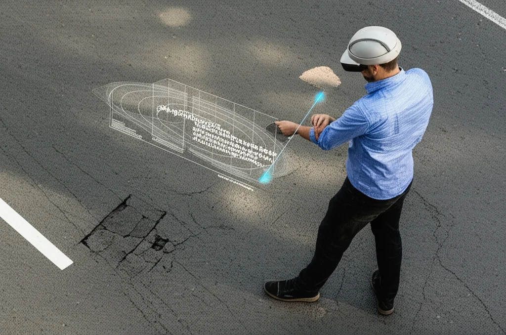 Ingegnere stradale che utilizza un dispositivo di realtà mista (MR) per ispezionare una strada; sovrapposizioni digitali evidenziano i dissesti sull'asfalto reale. Teleobiettivo zoom 100mm, azione di ispezione, luce diurna.