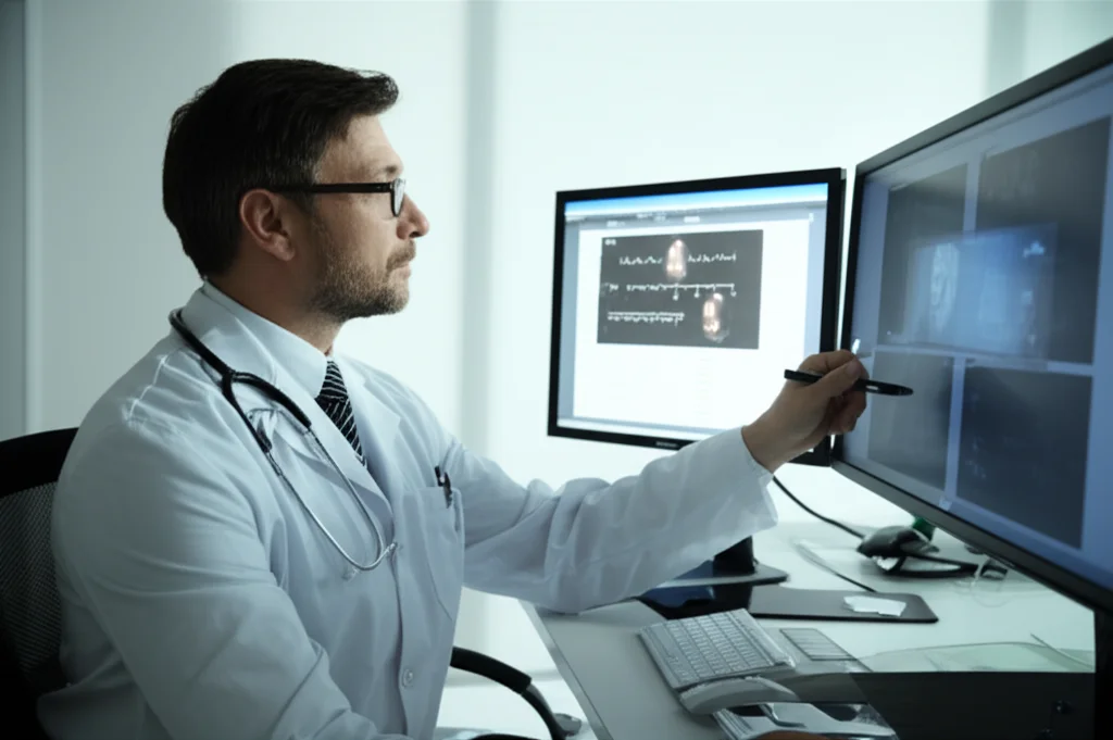 Un medico di mezza età, con camice bianco, esamina con attenzione un ecocardiogramma su un monitor ad alta definizione in uno studio medico moderno e luminoso. Obiettivo prime, 35mm, colori naturali, profondità di campo per mettere a fuoco il medico e il monitor.