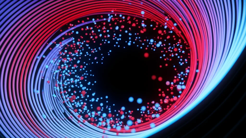 Una visualizzazione astratta di una spirale discendente che simboleggia la crisi di liquidità, con particelle rosse e blu che si intrecciano e cadono verso un nucleo scuro. Telephoto zoom, 200mm, fast shutter speed, con un effetto di motion blur per accentuare il senso di caduta e crisi, illuminazione drammatica.
