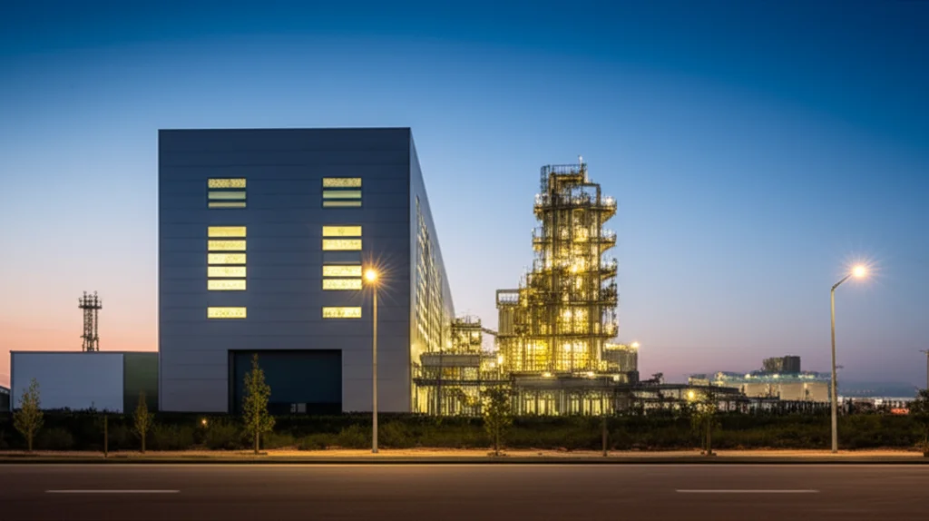 Un paesaggio industriale al tramonto, con una fabbrica moderna in primo piano e un cielo sereno che si estende all'orizzonte, simboleggiando un futuro positivo e ben gestito per il settore manifatturiero. Obiettivo grandangolare da 10mm, lunga esposizione per nuvole setose e luci calde, messa a fuoco nitida sull'intera scena.