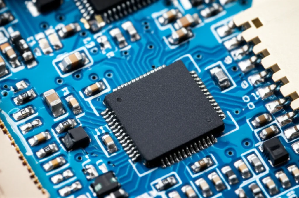 Fotografia macro di un circuito stampato di un drone, con microchip e connessioni visibili in altissimo dettaglio. Illuminazione controllata da studio per evidenziare le texture metalliche e plastiche, obiettivo macro 100mm, messa a fuoco precisa.