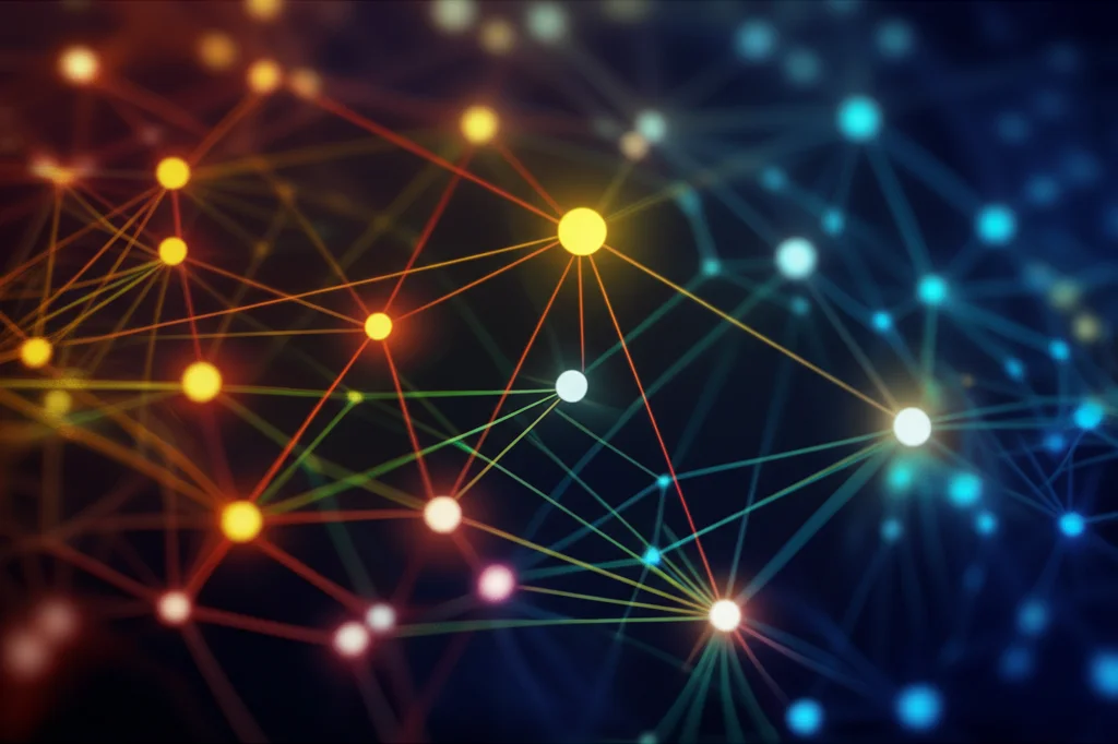 Un'immagine concettuale astratta che rappresenta una rete complessa di geni interconnessi, con alcuni nodi (geni hub) più grandi e luminosi che influenzano gli altri. Utilizzare colori vivaci su sfondo scuro per evidenziare le connessioni. Macro lens, 60mm, high detail, precise focusing, controlled lighting.