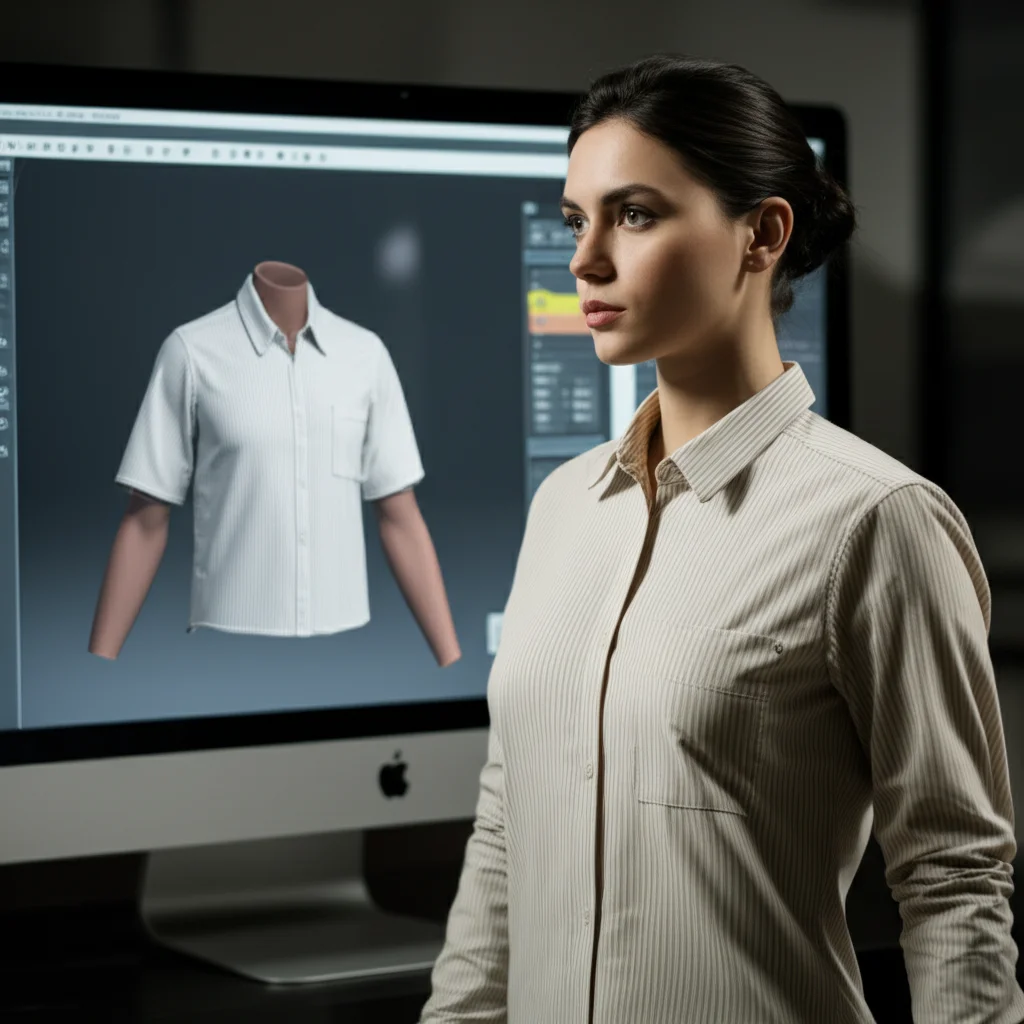 Primo piano su uno schermo di computer che mostra un software di fashion design 3D. Un avatar digitale indossa una camicia virtuale con evidenti linee di tensione sulla spalla e sul busto. Accanto, i pezzi del cartamodello 2D corrispondenti. Illuminazione da studio controllata, obiettivo macro 85mm, alta definizione per mostrare i dettagli del tessuto virtuale e i difetti.