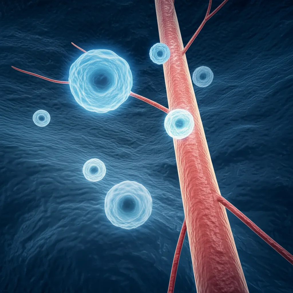 Visualizzazione artistica di cellule immunitarie che interagiscono con vasi sanguigni e tessuto articolare. Alcune cellule immunitarie dovrebbero essere evidenziate, magari con un alone luminoso, per rappresentare la loro attivazione. Prime lens, 35mm, depth of field, duotone (blu e arancione).