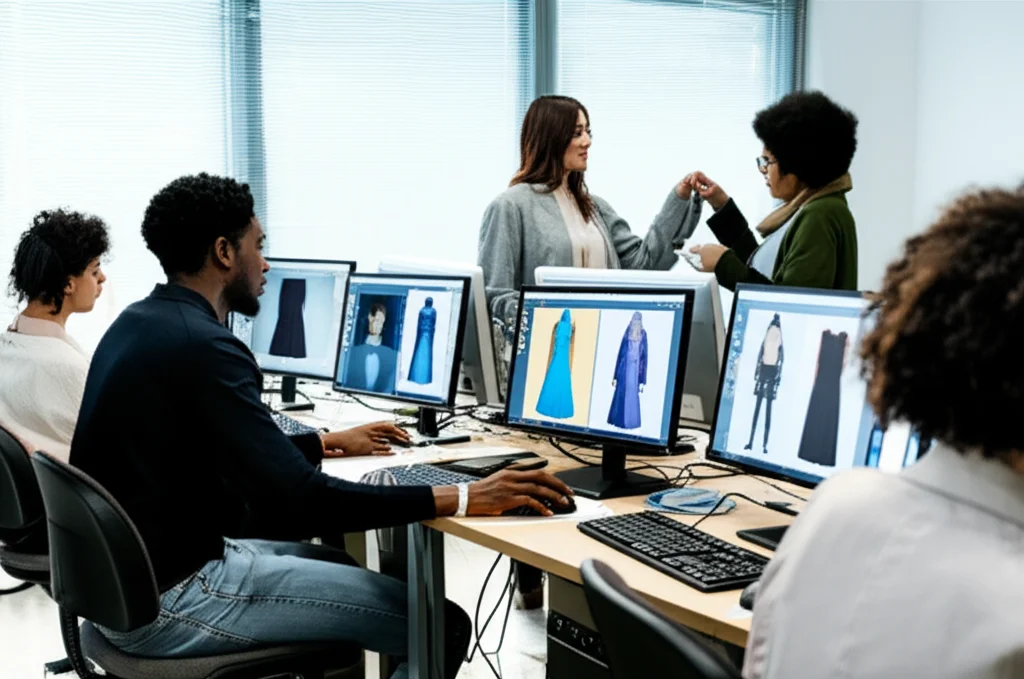 Foto di un gruppo eterogeneo di studenti di fashion design (asiatici, bianchi, afroamericani, età diverse) in un laboratorio di computer moderno e luminoso. Sono concentrati sui loro schermi che mostrano interfacce di software 3D con avatar e capi d'abbigliamento. Alcuni interagiscono con i modelli, altri prendono appunti. Obiettivo prime 35mm, profondità di campo media, luce naturale.