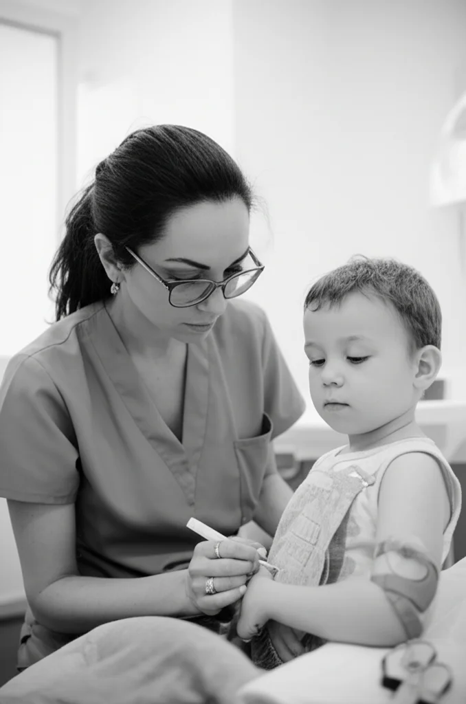 Un bambino piccolo, visibilmente preoccupato, in un ambiente ospedaliero pediatrico. Un'infermiera con un'espressione concentrata e gentile si prepara per un prelievo venoso. Obiettivo prime, focale 35mm, bianco e nero cinematografico, profondità di campo per mettere a fuoco l'interazione.