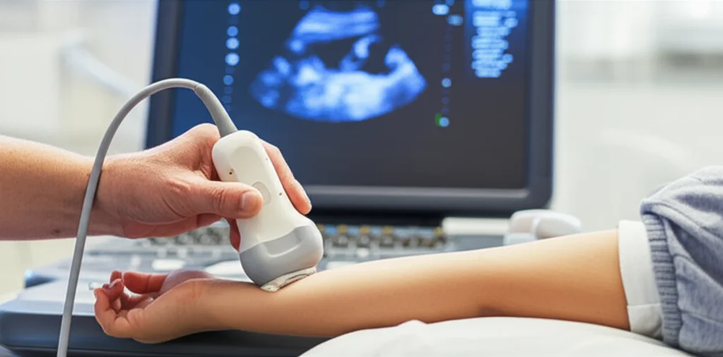 Primo piano dettagliato di una mano che utilizza una sonda ecografica lineare su un braccio di un bambino (il bambino non è interamente visibile, solo il braccio). Lo schermo dell'ecografo è parzialmente visibile e mostra l'immagine di un vaso sanguigno. Macro lens, 80mm, alta definizione, illuminazione controllata per evidenziare la tecnologia.