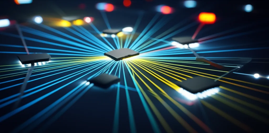 Una rete complessa di dispositivi IoT interconnessi che comunicano con server edge luminosi, che si adattano dinamicamente alla domanda. Fotografia macro con lente da 70mm, alta definizione, illuminazione controllata per evidenziare i flussi di dati e l'efficienza del sistema MRA-DFL.