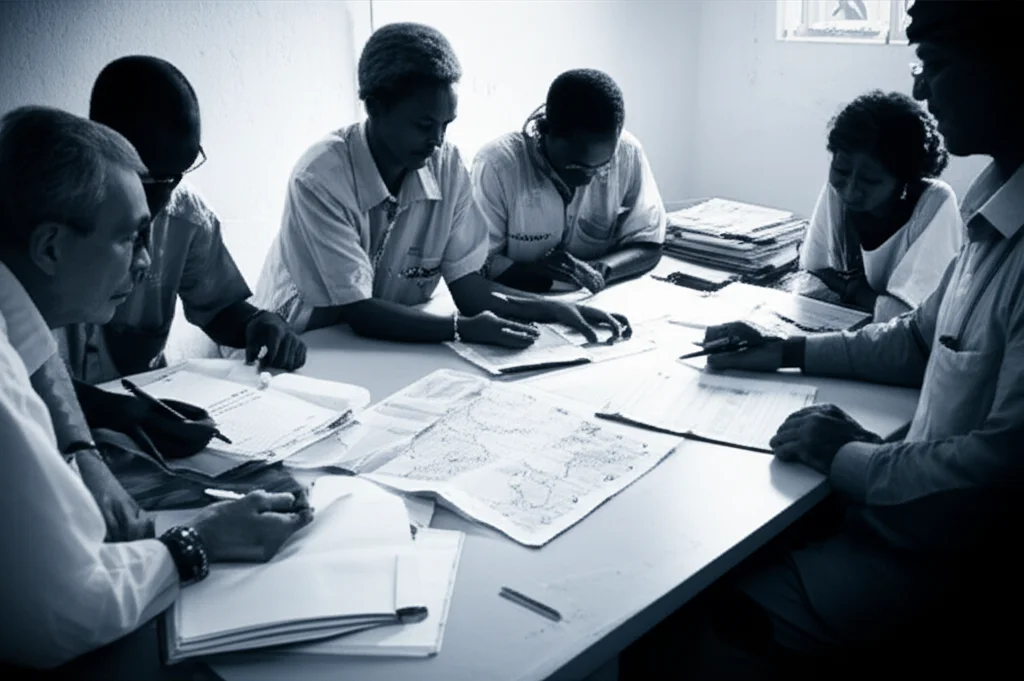 Fotografia di un gruppo di ricercatori e operatori umanitari in un ufficio temporaneo nel Darfur, intenti a discutere animatamente attorno a un tavolo pieno di mappe e documenti. Obiettivo prime da 35mm, bianco e nero con un leggero duotono blu e grigio, profondità di campo per mettere a fuoco le espressioni tese, simboleggiando la difficoltà nel definire la 'ricerca' in contesti di emergenza.