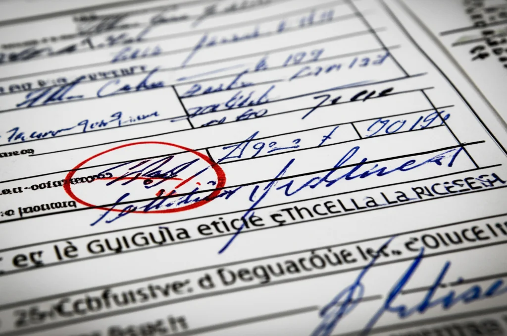 Un primo piano di documenti ufficiali con timbri e firme, alcuni dei quali riguardano linee guida etiche per la ricerca. Obiettivo macro da 100mm, alta definizione per mostrare i dettagli dei testi, illuminazione laterale controllata per creare un leggero contrasto, a simboleggiare la burocrazia e la necessità di conoscenza delle procedure.