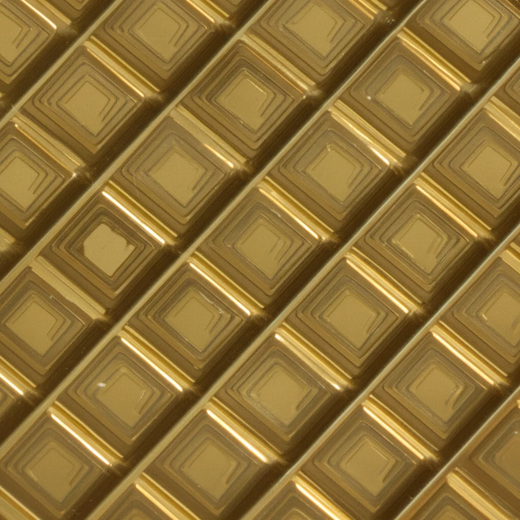 Fotografia macro, obiettivo 80mm, di una porzione di una Superficie a Conduttore Magnetico Artificiale (AMCS) composta da un array 3x3 di celle unitarie. Ogni cella mostra tre cornici metalliche concentriche (quadrate e circolari) stampate su un substrato dielettrico Rogers RO4003C. Alta definizione, illuminazione laterale per enfatizzare la struttura tridimensionale e i dettagli delle tracce metalliche.