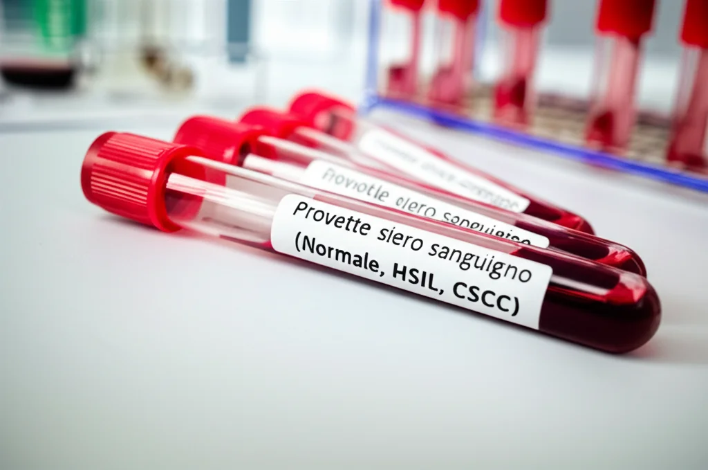 Fotografia still life di diverse provette di siero sanguigno etichettate (Normale, HSIL, CSCC) su un bancone di laboratorio pulito. Lente macro 80mm, illuminazione controllata, focus preciso sulle provette con sfondo leggermente sfocato.
