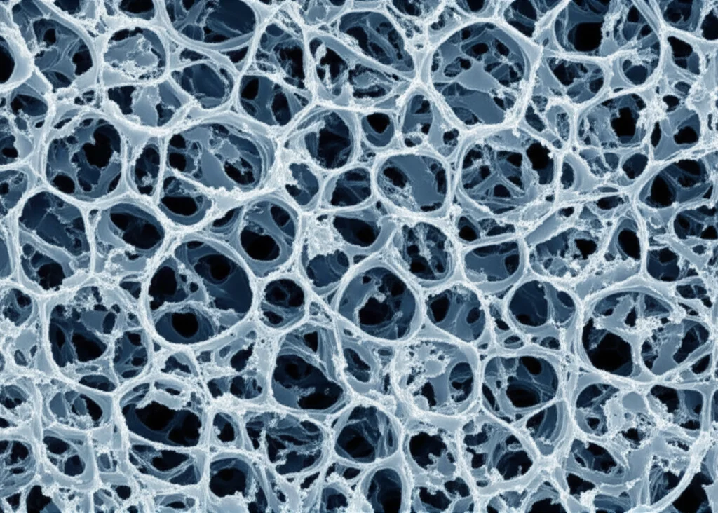 Immagine al microscopio elettronico a scansione (SEM) stilizzata, che mostra la microstruttura di un gel di amido-proteine di quinoa, evidenziando la rete tridimensionale con pori, con dettagli che suggeriscono interazioni tra particelle di amido e aggregati proteici, colori scientifici (blu e grigio duotone), alta risoluzione.