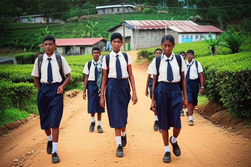 Un gruppo di adolescenti Srilankesi, ragazzi e ragazze, in uniforme scolastica, camminano lungo una strada sterrata in un'area rurale del distretto di Nuwara-Eliya. Alcuni sorridono, altri hanno un'espressione pensierosa. Sullo sfondo, piantagioni di tè e modeste abitazioni. Luce naturale, obiettivo da 35mm per un ritratto di gruppo ambientato, colori naturali con leggera desaturazione per un tocco documentaristico.