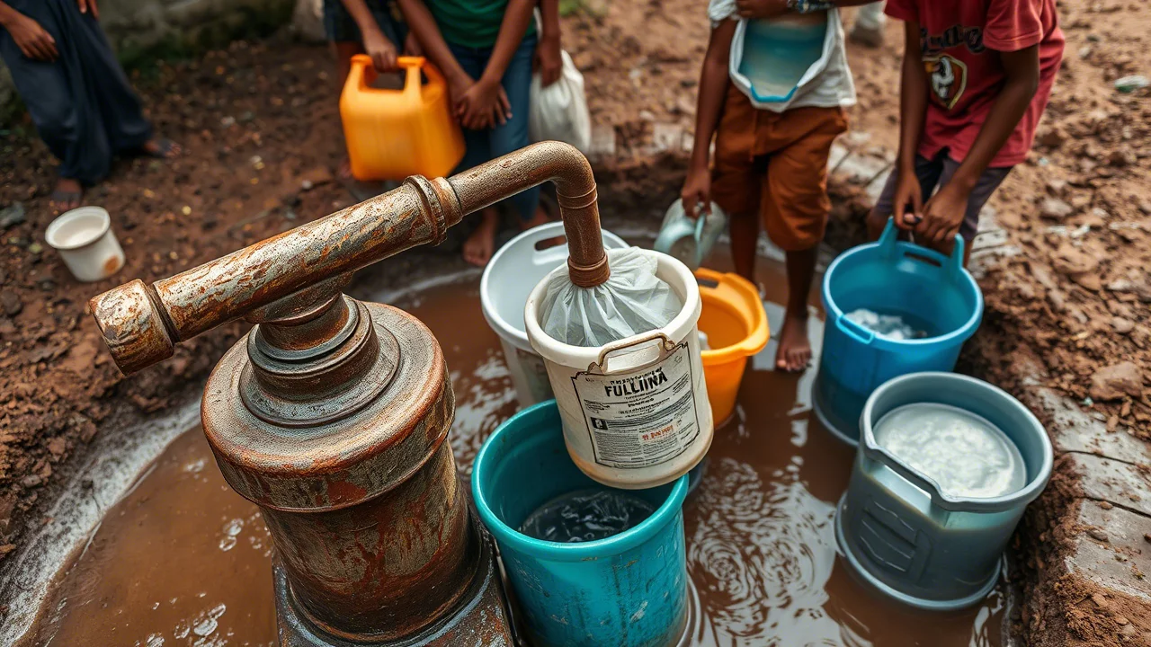 Una scena che illustra le difficili condizioni igienico-sanitarie in una comunità rurale dello Sri Lanka. Si vede una pompa d'acqua manuale arrugginita con adolescenti che raccolgono acqua in contenitori di plastica. Intorno, il terreno è fangoso. L'immagine dovrebbe trasmettere la precarietà dell'accesso all'acqua pulita. Obiettivo grandangolare 24mm, luce naturale diffusa, colori realistici ma leggermente cupi per enfatizzare la difficoltà, profondità di campo.