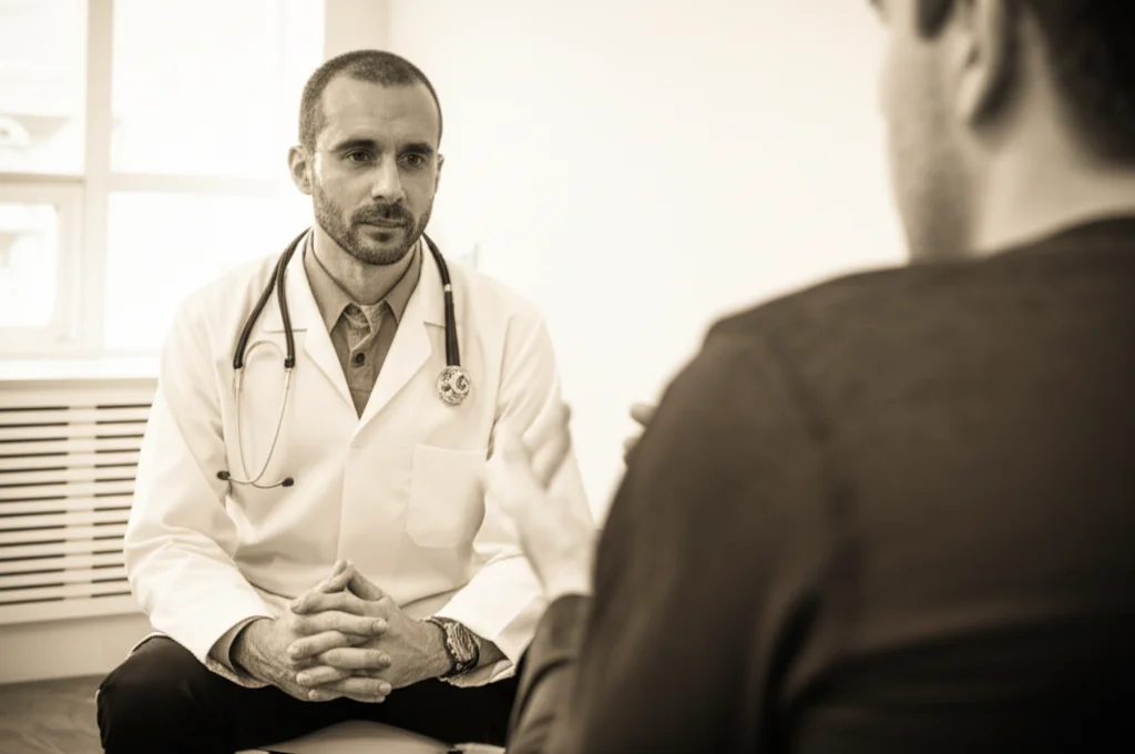 Un medico e un paziente seduti uno di fronte all'altro in uno studio accogliente. Il medico, con un'espressione empatica, ascolta attentamente il paziente che gesticola dolcemente mentre parla. Luce naturale illumina la scena. Prime lens, 35mm, depth of field, duotone seppia e crema.