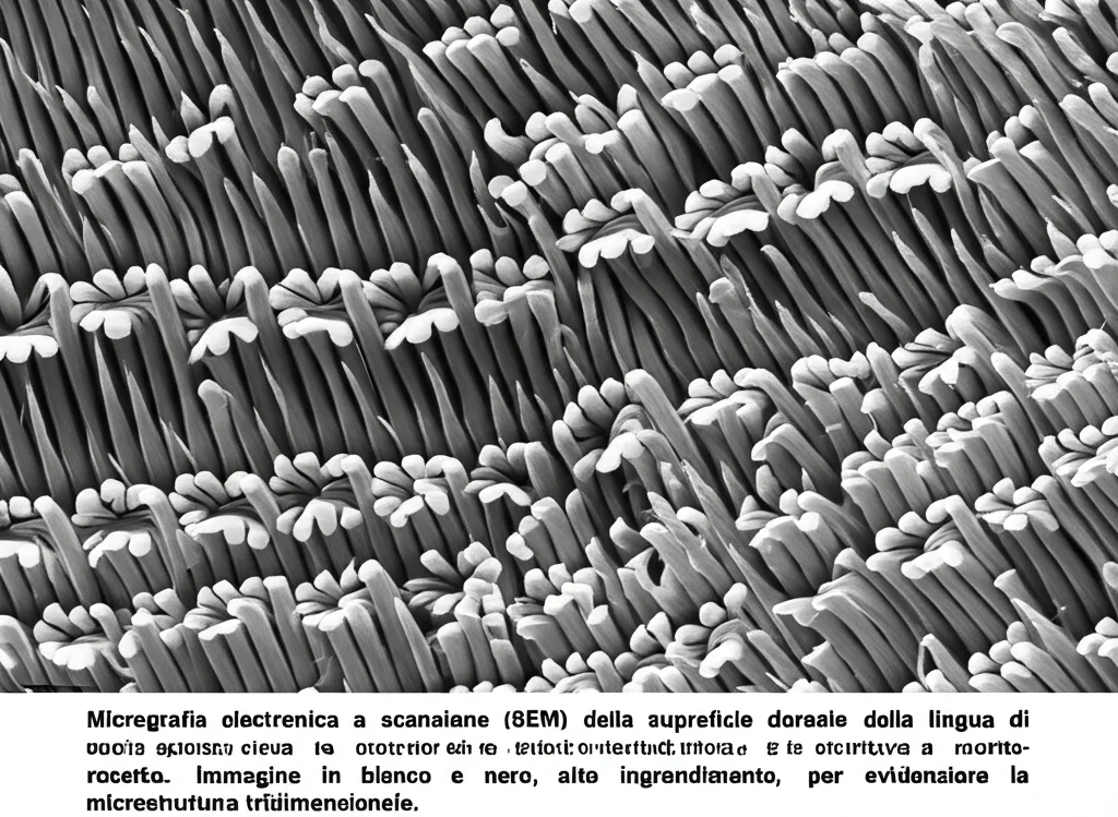 Micrografia elettronica a scansione (SEM) della superficie dorsale della lingua di un'oca egiziana, che mostra in dettaglio le papille filiformi cheratinizzate e le strutture a rosetta. Immagine in bianco e nero, alto ingrandimento, per evidenziare la microstruttura tridimensionale.