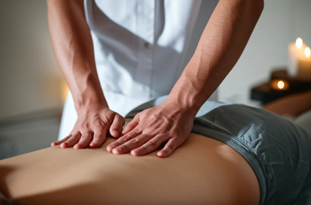 Primo piano sulle mani di un terapeuta che applicano una leggera pressione sulla schiena di un paziente durante una sessione di terapia manuale. L'ambiente è caldo e accogliente, con luci soffuse. Macro lens, 90mm, high detail, precise focusing, controlled lighting.