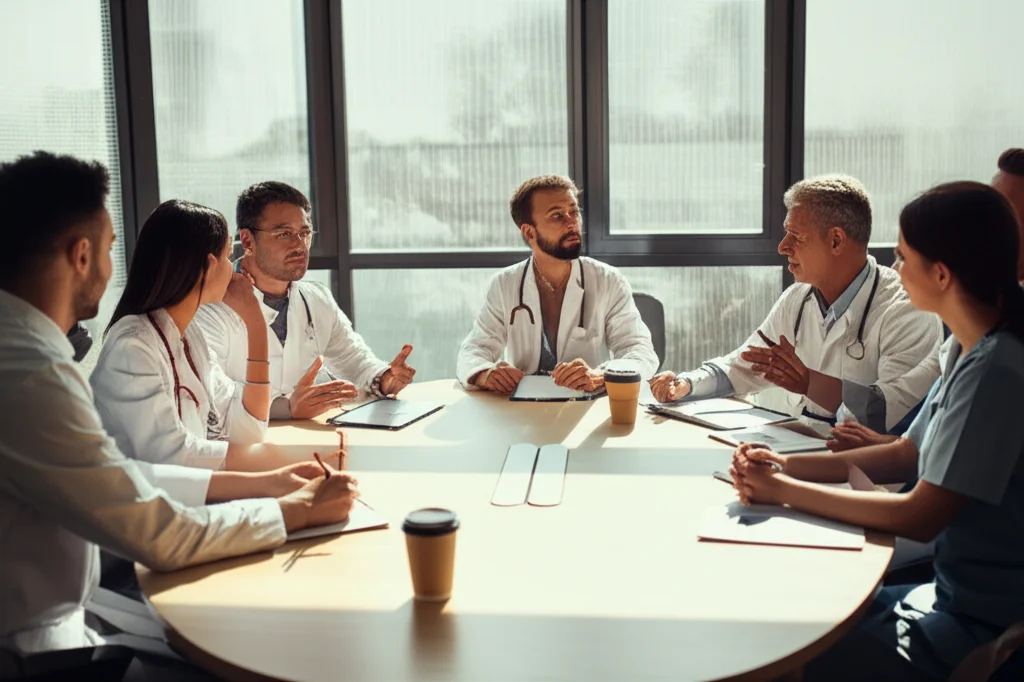 Un gruppo eterogeneo di professionisti sanitari, inclusi medici, infermieri e terapisti complementari, sono riuniti attorno a un tavolo ovale in una sala conferenze luminosa, impegnati in una discussione collaborativa. Alcuni prendono appunti, altri gesticolano animatamente. Zoom lens, 35mm, luce naturale da grandi finestre, atmosfera di team working.