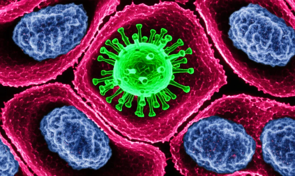 Micrografia confocale stilizzata che mostra particelle virali (verdi fluorescenti) che entrano in cellule epiteliali respiratorie (nuclei blu, citoplasma debolmente rosso). Alta definizione, illuminazione scientifica.