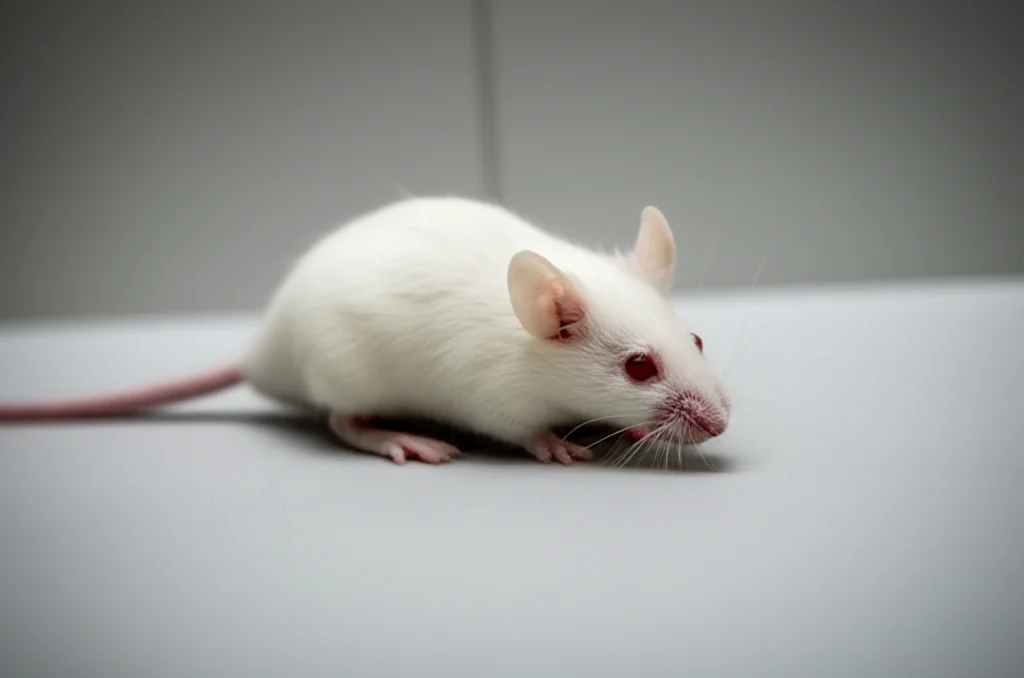 Fotografia di un topo da laboratorio BALB/c bianco in un ambiente controllato, focus sull'animale sano. Obiettivo prime 50mm, profondità di campo ridotta, illuminazione morbida.