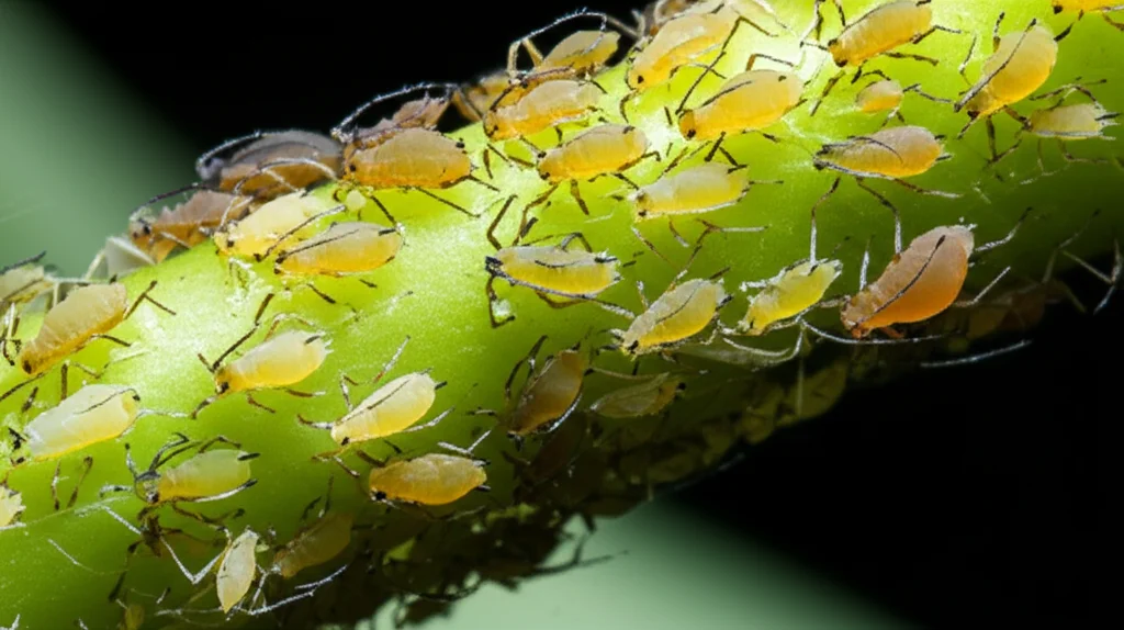 Immagine macro di afidi (Megoura japonica) su uno stelo di fagiolo, messa a fuoco precisa sugli insetti, illuminazione diffusa per dettagli chiari. Obiettivo macro 60mm, alta risoluzione.