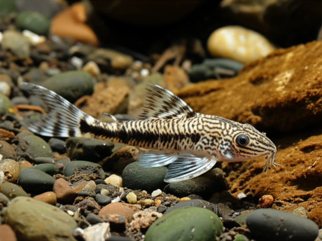 Immagine dettagliata di un pesce Harttiella lucifer su un fondale roccioso di un torrente, teleobiettivo zoom 150mm, messa a fuoco precisa sulla sua morfologia distintiva, luce naturale filtrata dalla foresta.