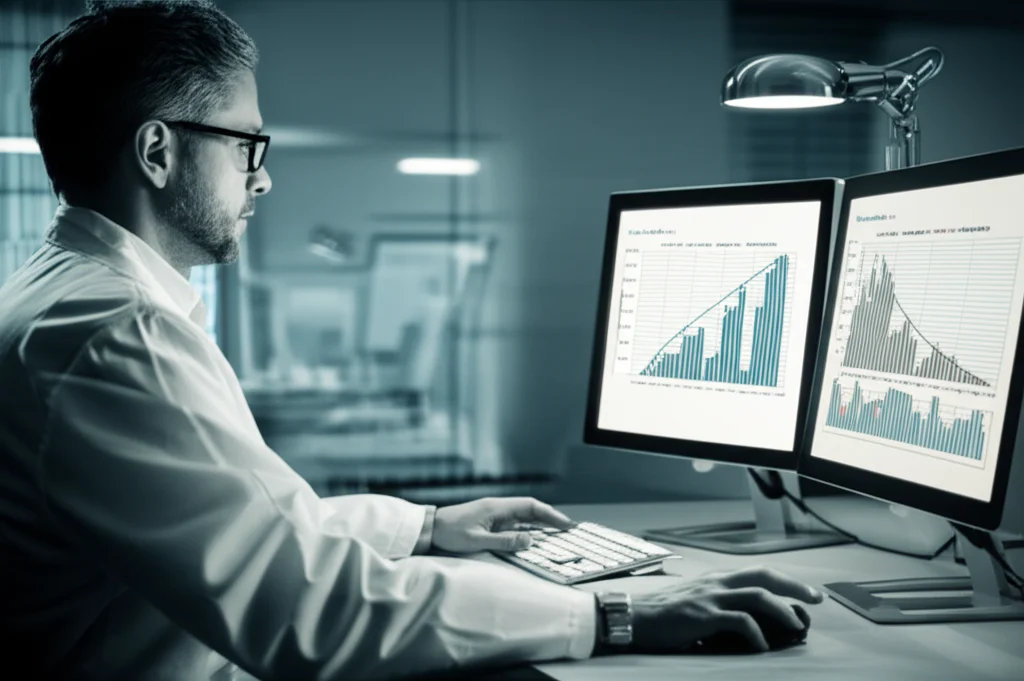 Ricercatore in un laboratorio di ematologia che analizza dati di sequenziamento genetico su un computer, con grafici di evoluzione clonale visibili sullo schermo. Ambiente moderno e luminoso, obiettivo da 35mm per un ritratto contestualizzato, stile film noir con duotono blu e grigio.