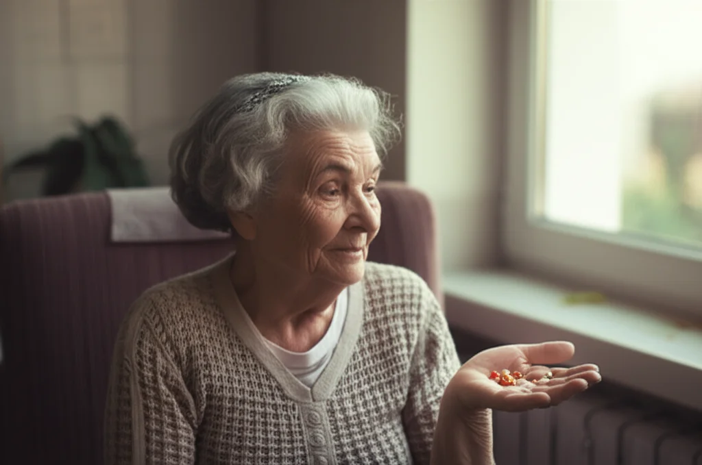 Un'anziana signora in una casa di riposo, seduta su una poltrona vicino a una finestra luminosa, guarda con espressione pensierosa una manciata di pillole colorate nel palmo della sua mano. Prime lens, 35mm, luce naturale soffusa, profondità di campo che sfoca leggermente lo sfondo della stanza accogliente ma istituzionale. L'immagine dovrebbe trasmettere un senso di vulnerabilità e la complessità della gestione farmacologica.