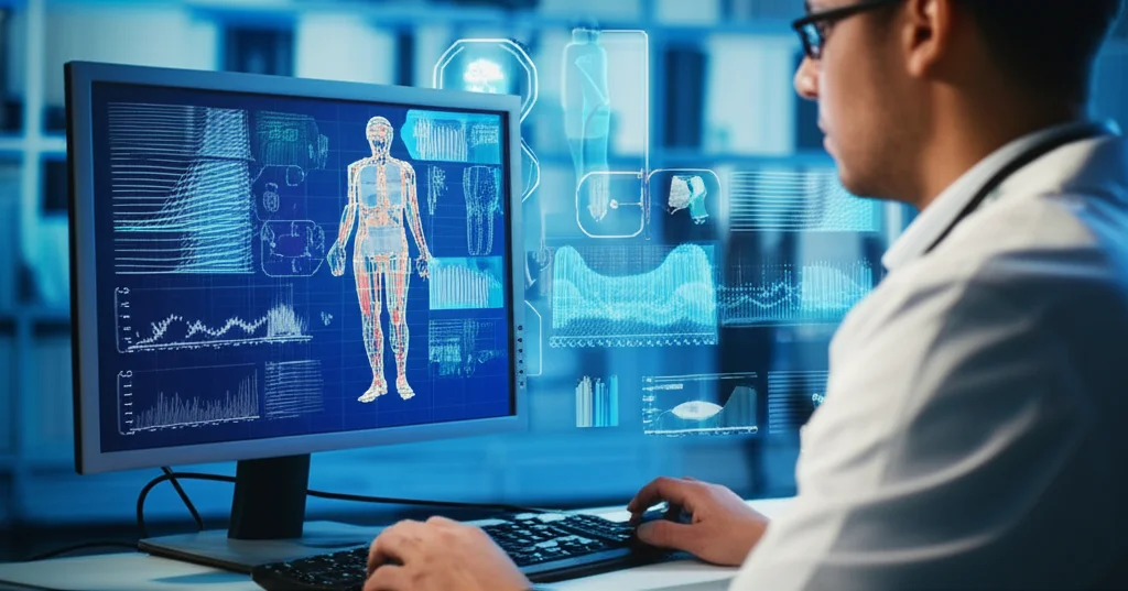 Un ricercatore in camice bianco osserva attentamente uno schermo di computer che mostra una simulazione 3D complessa della deambulazione umana, con grafici e dati biomeccanici sovrapposti, ambiente di laboratorio high-tech, profondità di campo ridotta, obiettivo 35mm.