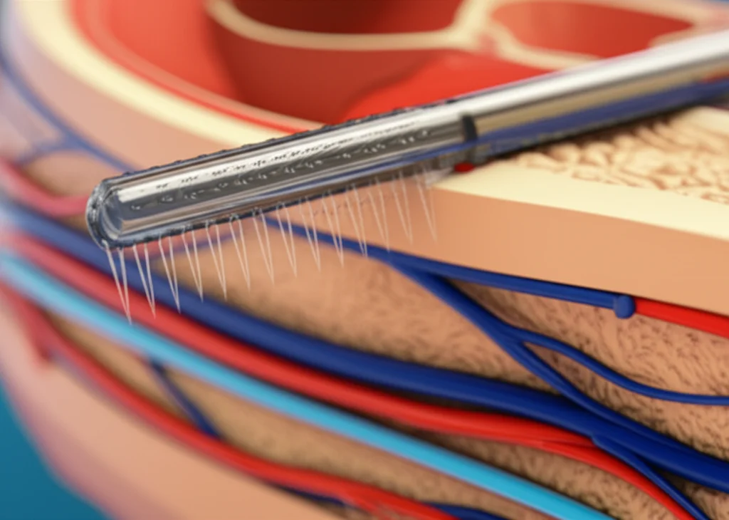 Immagine macro di un catetere medico high-tech con microaghi visibili, posizionato vicino a un modello anatomico di un'arteria renale. Illuminazione da studio controllata, alta definizione, focus preciso sui microaghi. Obiettivo macro 100mm.