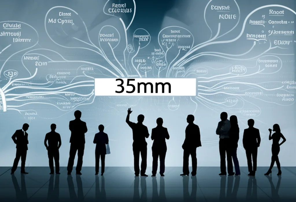 Prime lens, 35mm, depth of field, con silhouette di diverse persone contro uno sfondo di complesse vie metaboliche interconnesse, alcune vie evidenziate per rappresentare la sensibilità insulinica e la sua variabilità individuale.