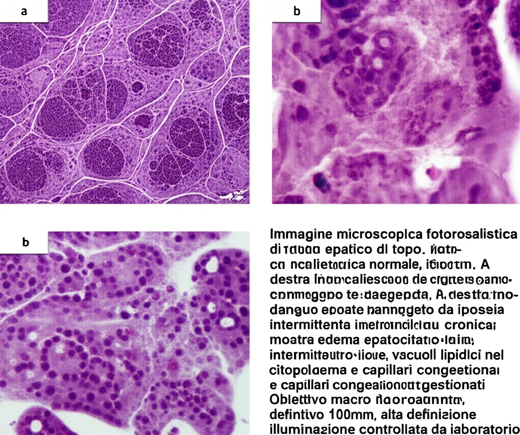 Immagine microscopica fotorealistica di tessuto epatico di topo. A sinistra, tessuto sano con architettura normale. A destra, tessuto epatico danneggiato da ipossia intermittente cronica, mostra edema epatocitario lieve, vacuoli lipidici nel citoplasma e capillari congestionati. Obiettivo macro 100mm, alta definizione, illuminazione controllata da laboratorio.