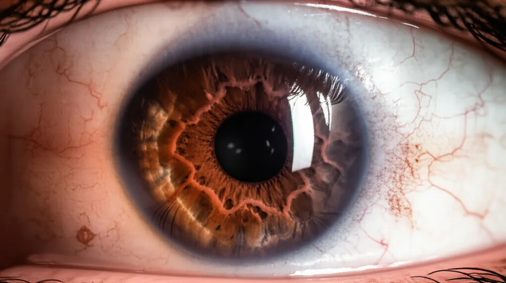 Immagine macro ad alta definizione di un occhio umano che mostra i dettagli della macula affetta da edema diabetico, con vasi sanguigni dilatati e piccole emorragie. Illuminazione controllata per evidenziare le texture. Obiettivo macro 100mm.